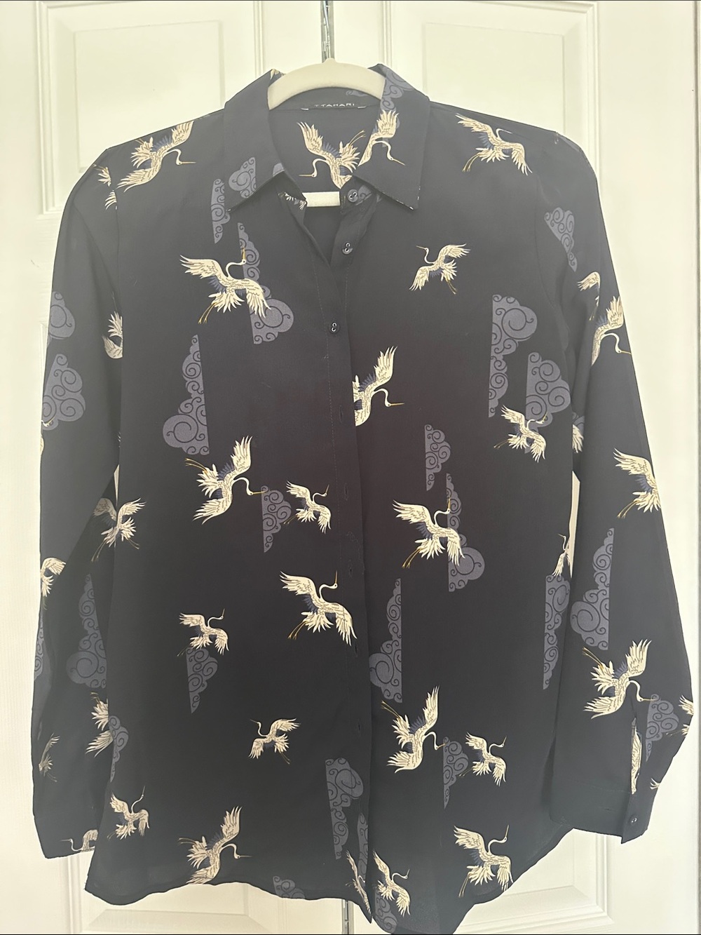 T Tahari Black Button-Front Blouse with Cream Crane Motif